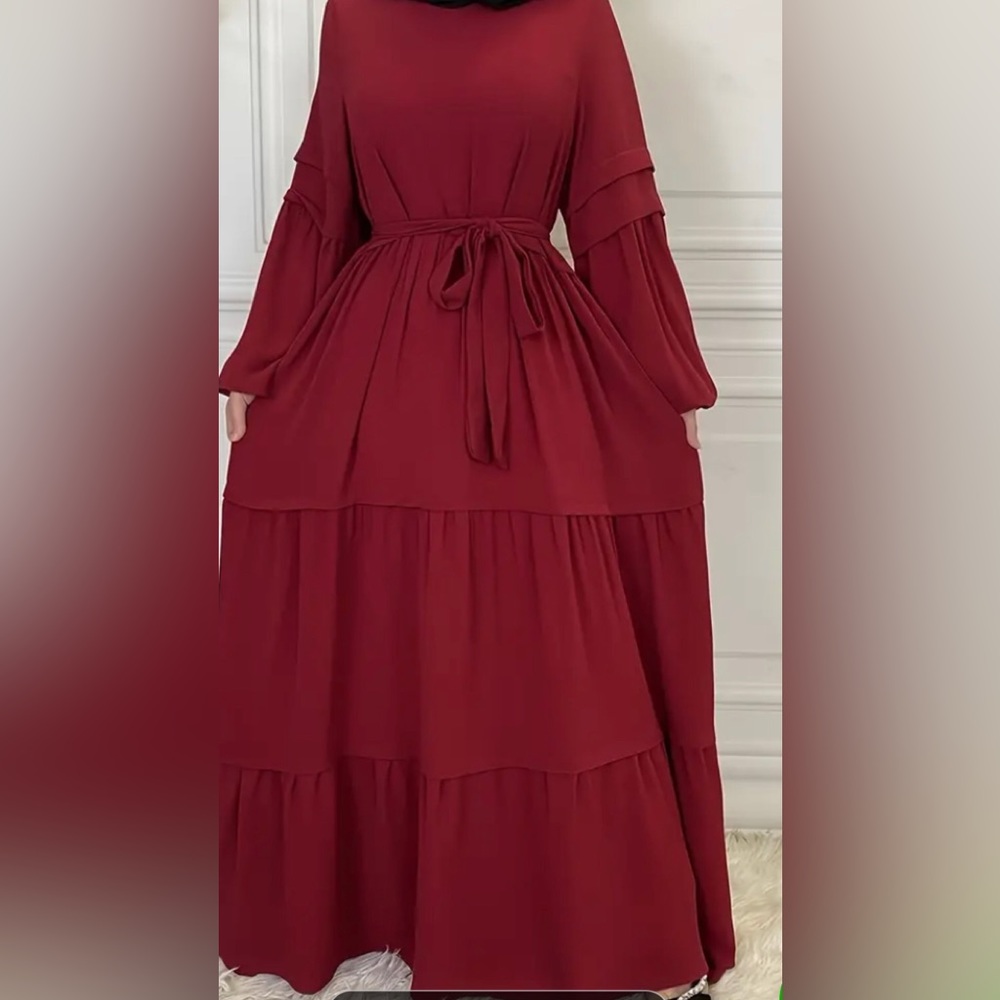 Lantern Sleeve Tiered Kaftan Dress, Elegant Tie-waist Maxi Length Dress